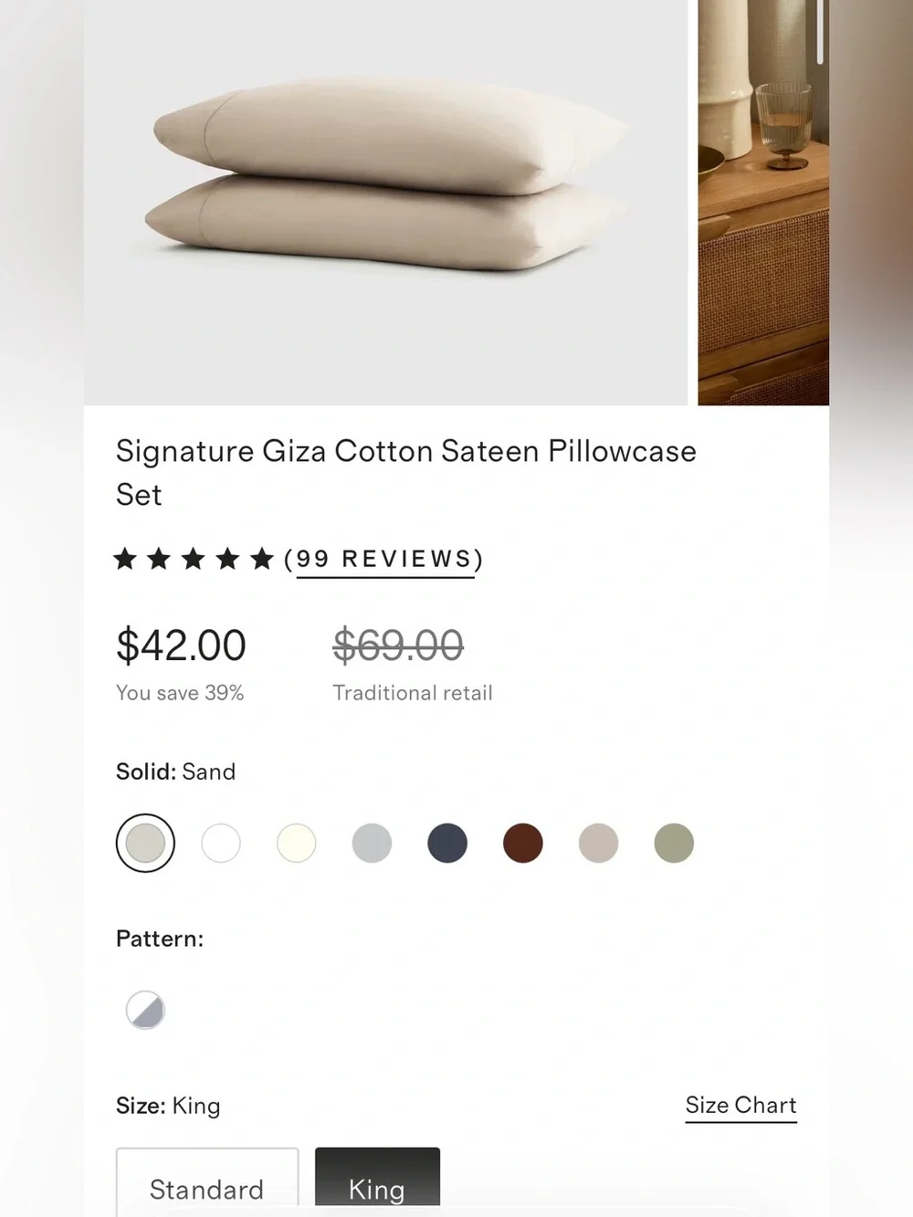 NWOT Quince Signature Giza Cotton Sateen Pillowcase Set, King (Sand)